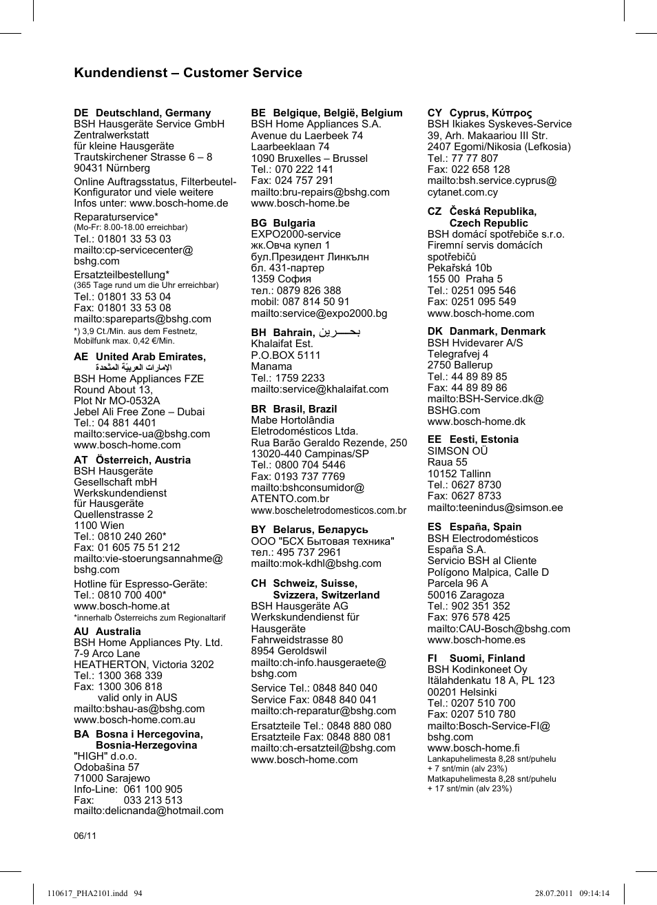 Kundendienst – customer service | Bosch PHA2101 Warmluftstylingbürste StarShine CurlStyle User Manual | Page 93 / 97