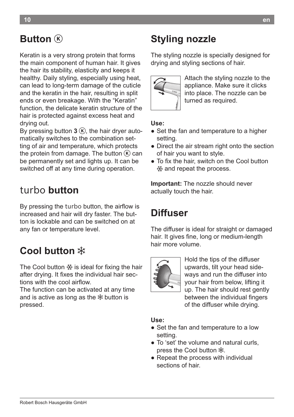 Button, Turbo button, Cool button | Styling nozzle, Diffuser | Bosch PHD5987 Haartrockner BrilliantCare Keratin Advance User Manual | Page 12 / 112