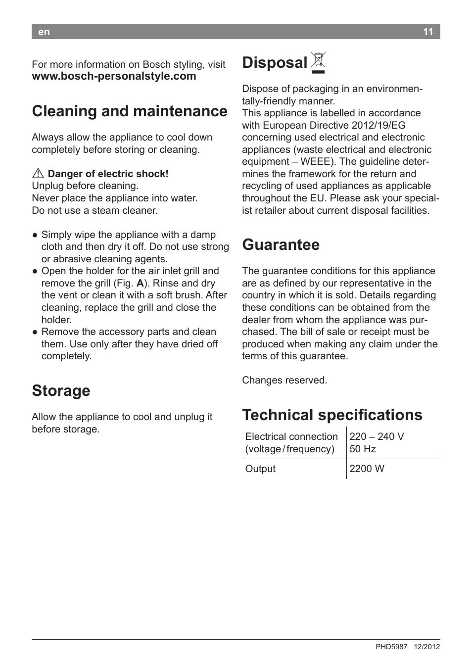 Cleaning and maintenance, Storage, Disposal | Guarantee, Technical specifications | Bosch PHD5987 Haartrockner BrilliantCare Keratin Advance User Manual | Page 13 / 112