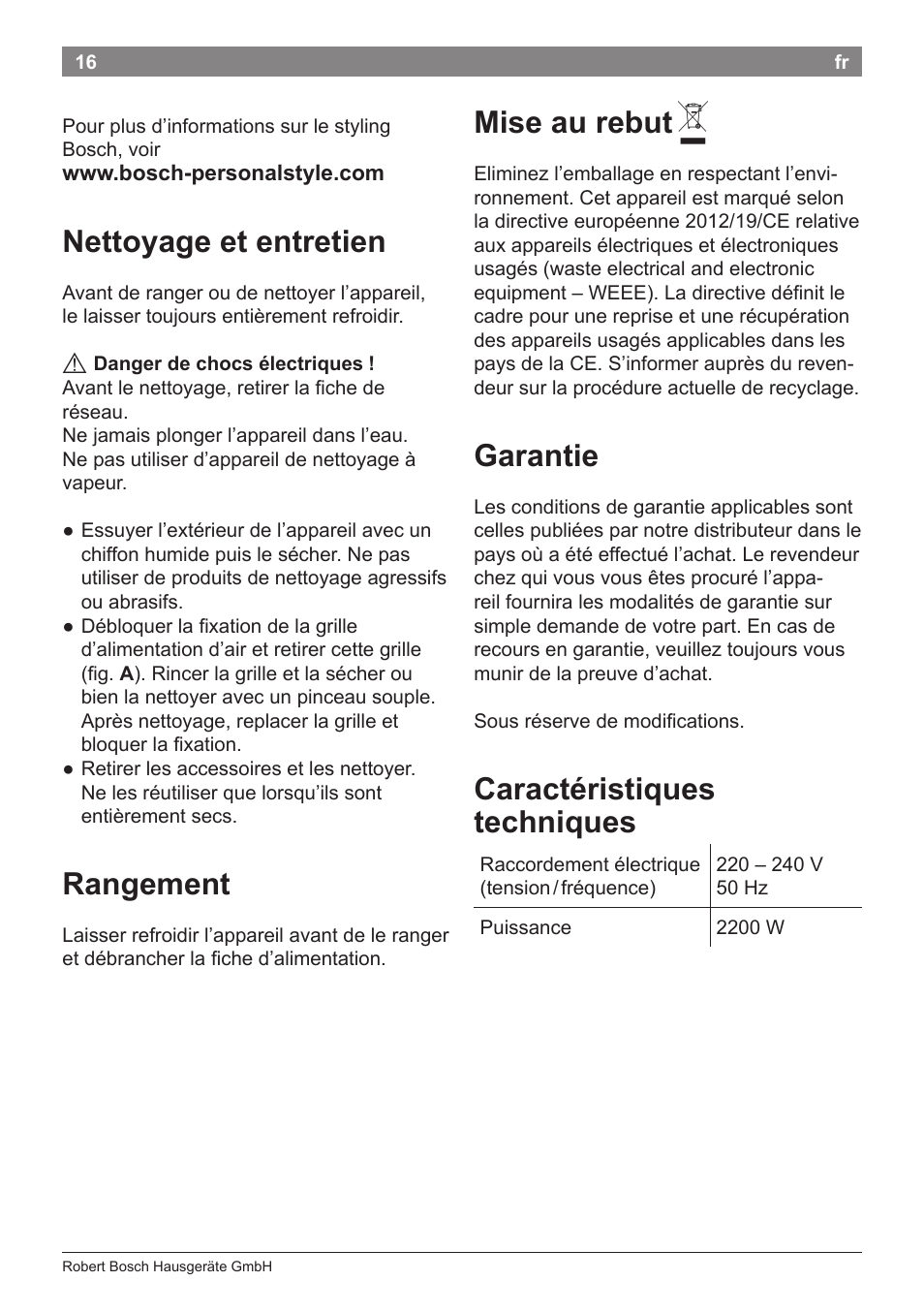 Nettoyage et entretien, Rangement, Mise au rebut | Garantie, Caractéristiques techniques | Bosch PHD5987 Haartrockner BrilliantCare Keratin Advance User Manual | Page 18 / 112