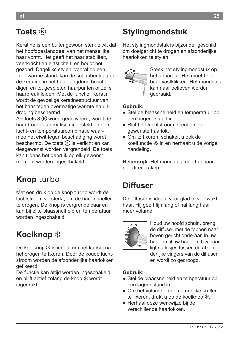 Toets, Knop turbo, Koelknop | Stylingmondstuk, Diffuser | Bosch PHD5987 Haartrockner BrilliantCare Keratin Advance User Manual | Page 27 / 112