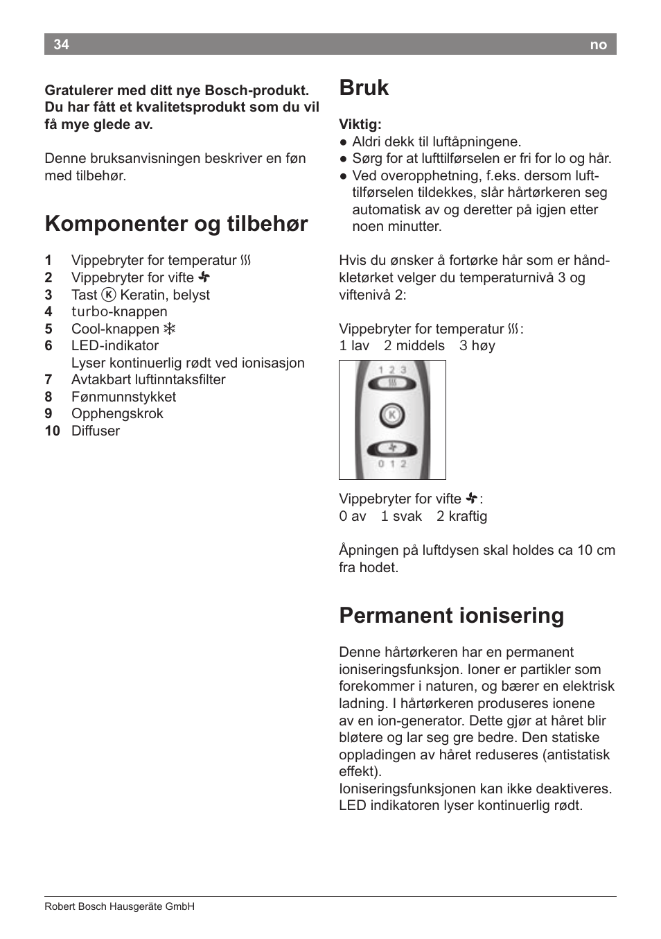 Komponenter og tilbehør, Bruk, Permanent ionisering | Bosch PHD5987 Haartrockner BrilliantCare Keratin Advance User Manual | Page 36 / 112