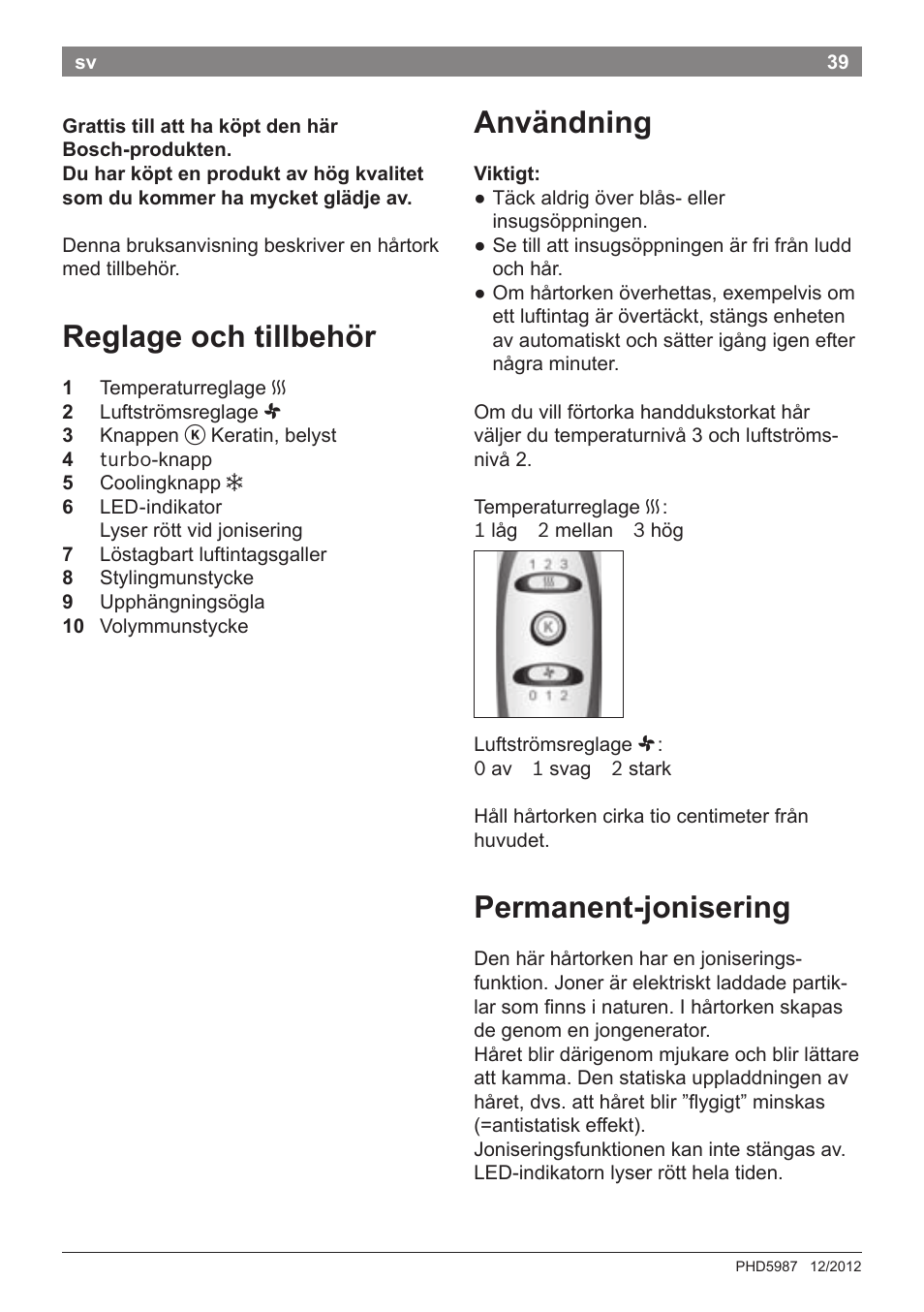 Reglage och tillbehör, Användning, Permanent-jonisering | Bosch PHD5987 Haartrockner BrilliantCare Keratin Advance User Manual | Page 41 / 112