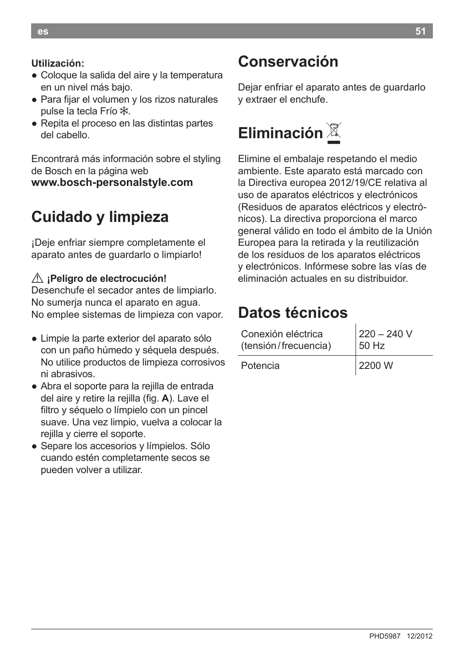 Cuidado y limpieza, Conservación, Eliminación | Datos técnicos | Bosch PHD5987 Haartrockner BrilliantCare Keratin Advance User Manual | Page 53 / 112