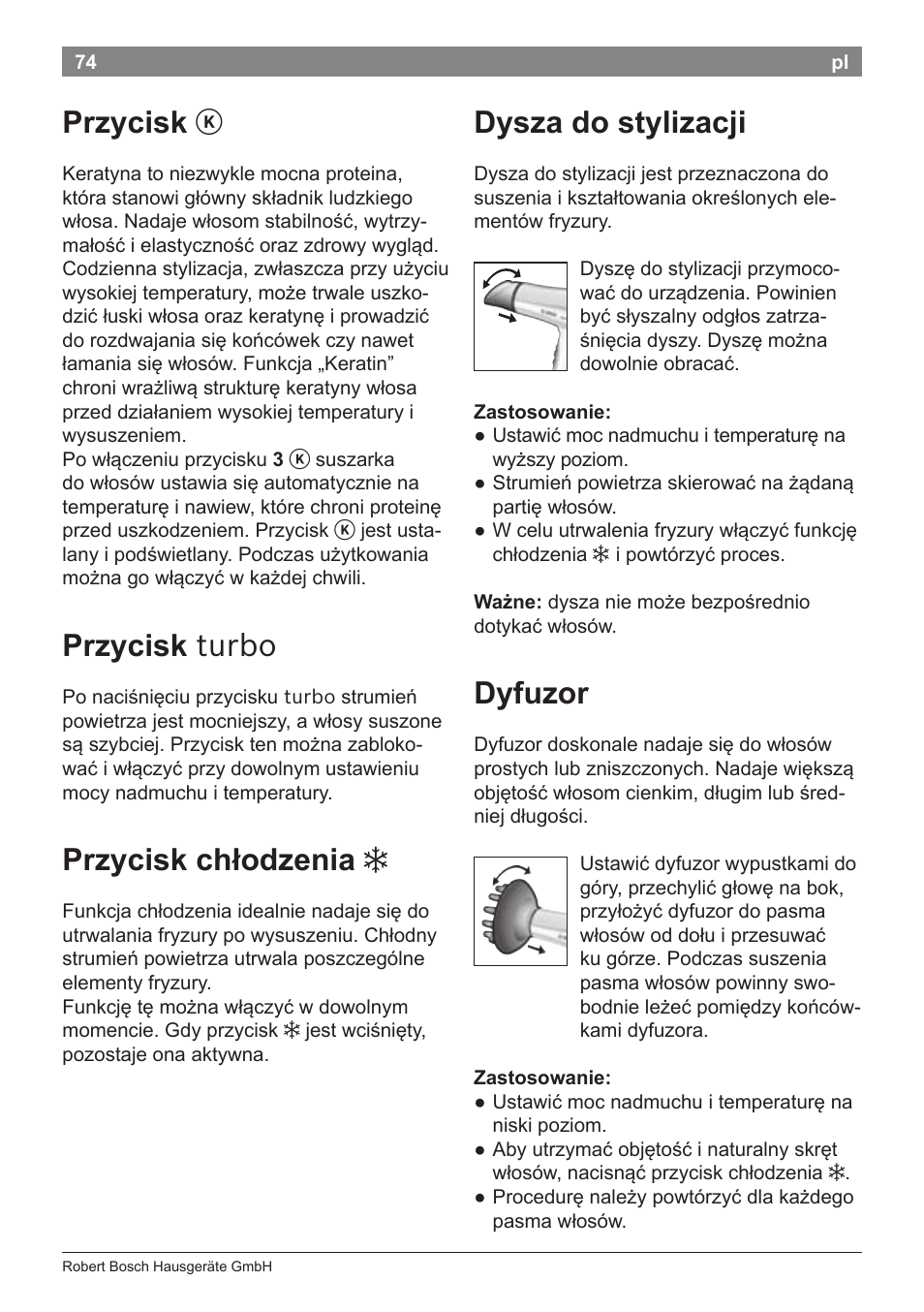 Przycisk, Przycisk turbo, Przycisk chłodzenia | Dysza do stylizacji, Dyfuzor | Bosch PHD5987 Haartrockner BrilliantCare Keratin Advance User Manual | Page 76 / 112