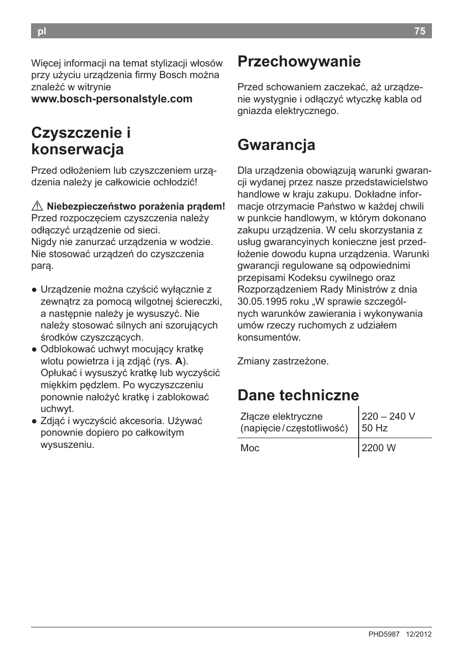 Czyszczenie i konserwacja, Przechowywanie, Gwarancja | Dane techniczne | Bosch PHD5987 Haartrockner BrilliantCare Keratin Advance User Manual | Page 77 / 112