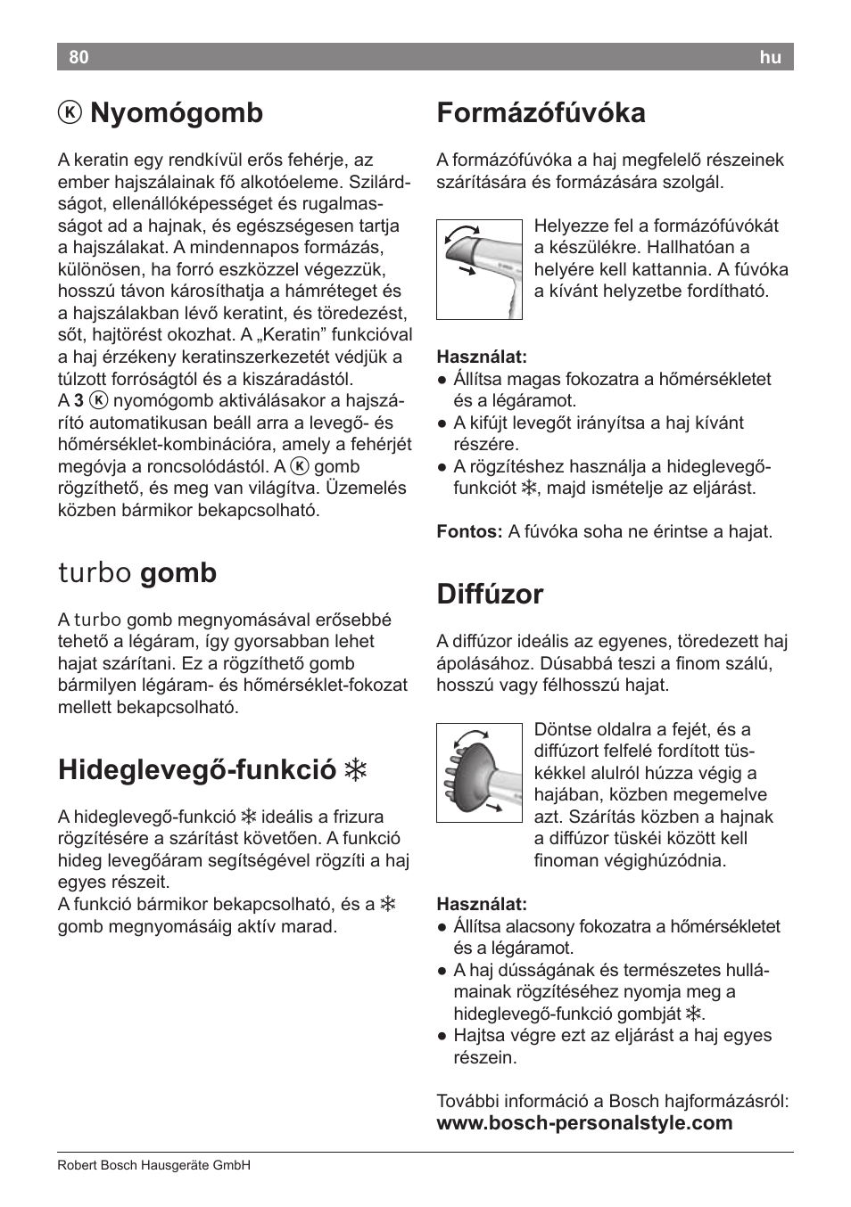 Nyomógomb, Turbo gomb, Hideglevegő-funkció | Formázófúvóka, Diffúzor | Bosch PHD5987 Haartrockner BrilliantCare Keratin Advance User Manual | Page 82 / 112