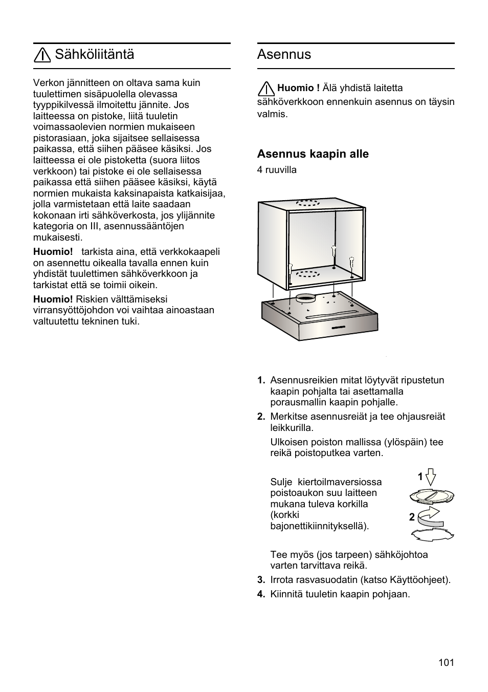 Sähköliitäntä, Asennus | Bosch DHU665E Edelstahl Unterbauhaube 60 cm User Manual | Page 101 / 114