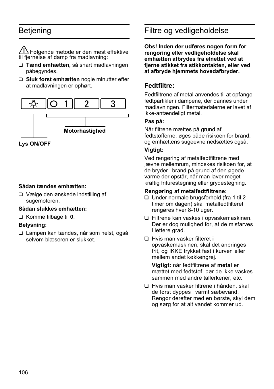 Betjening, Filtre og vedligeholdelse | Bosch DHU665E Edelstahl Unterbauhaube 60 cm User Manual | Page 106 / 114