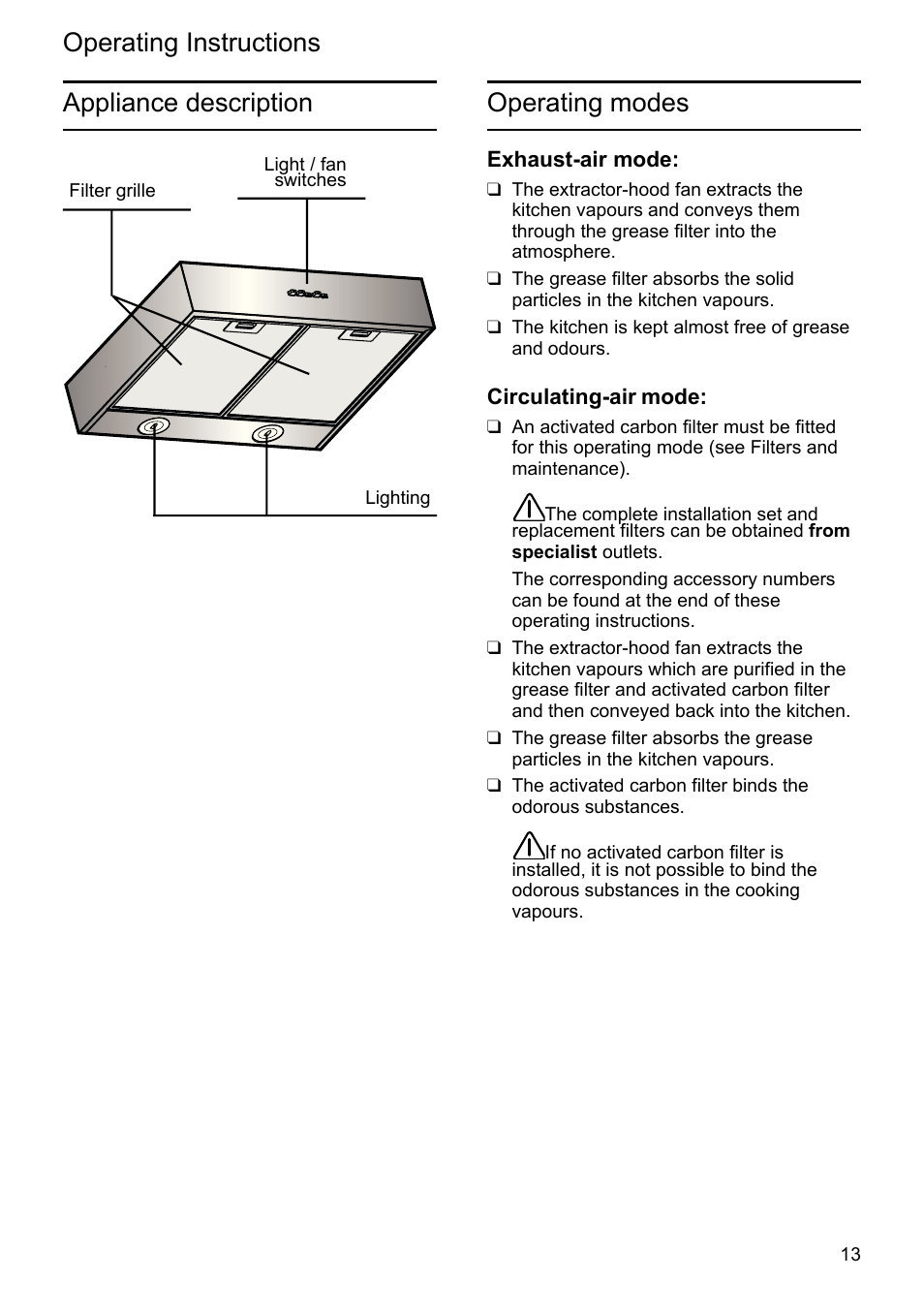 Operating instructions operating modes, Appliance description | Bosch DHU665E Edelstahl Unterbauhaube 60 cm User Manual | Page 13 / 114