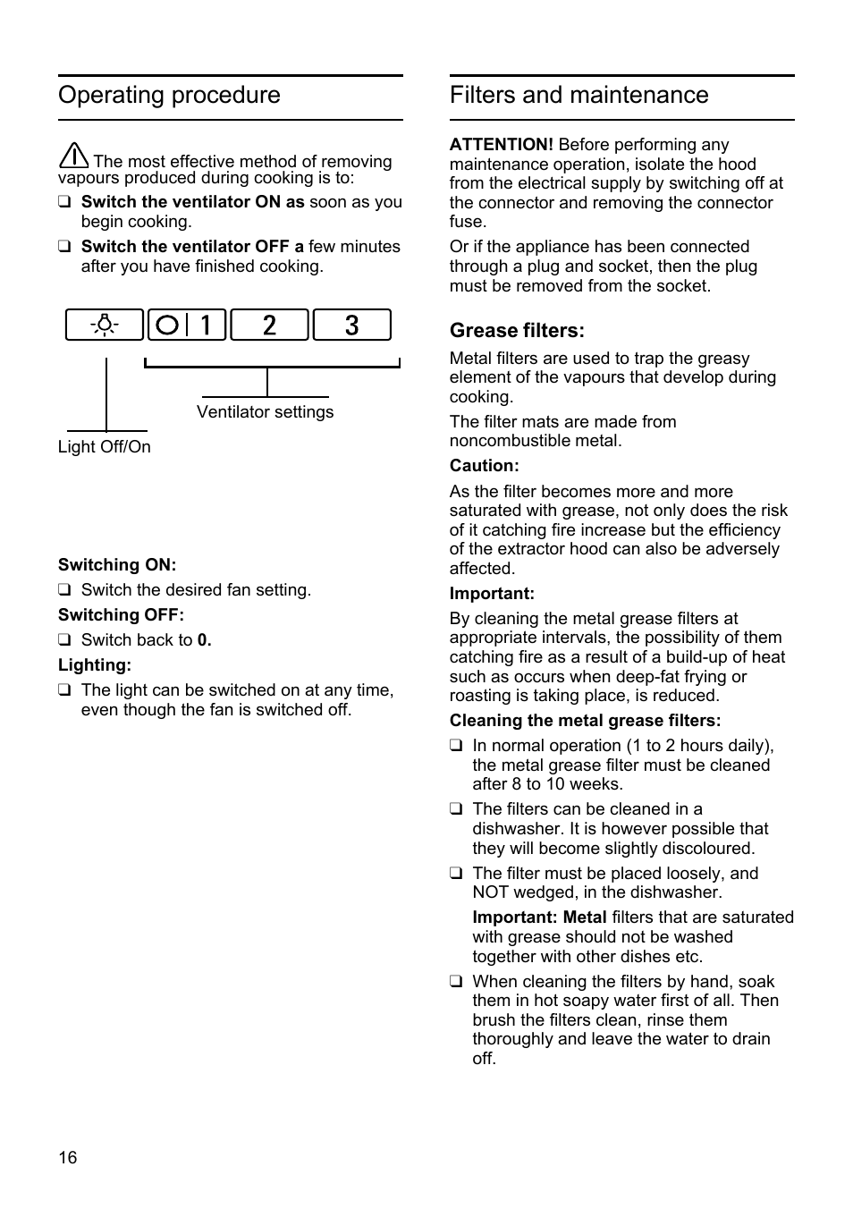 Operating procedure, Filters and maintenance | Bosch DHU665E Edelstahl Unterbauhaube 60 cm User Manual | Page 16 / 114