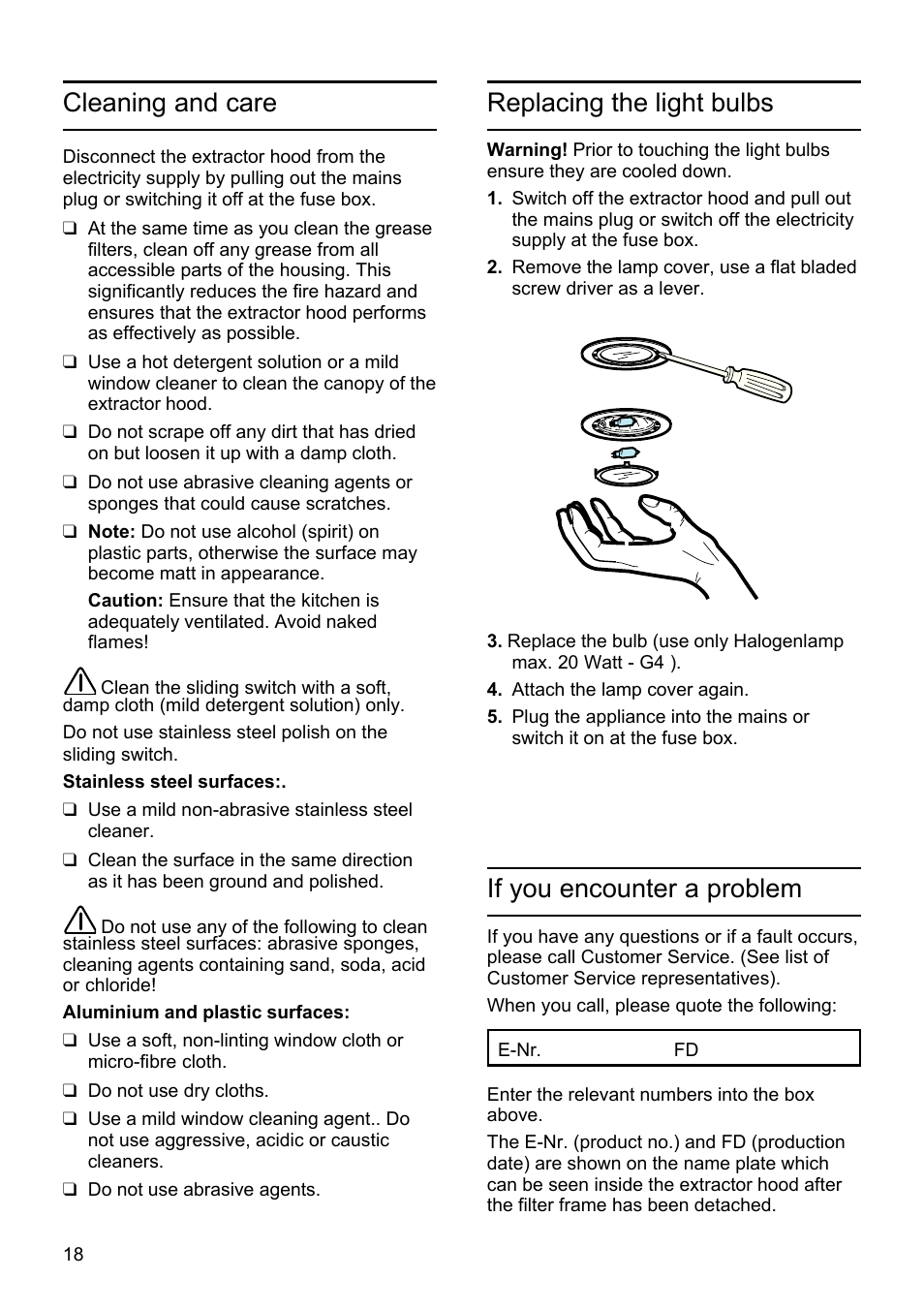 Replacing the light bulbs, Cleaning and care, If you encounter a problem | Bosch DHU665E Edelstahl Unterbauhaube 60 cm User Manual | Page 18 / 114