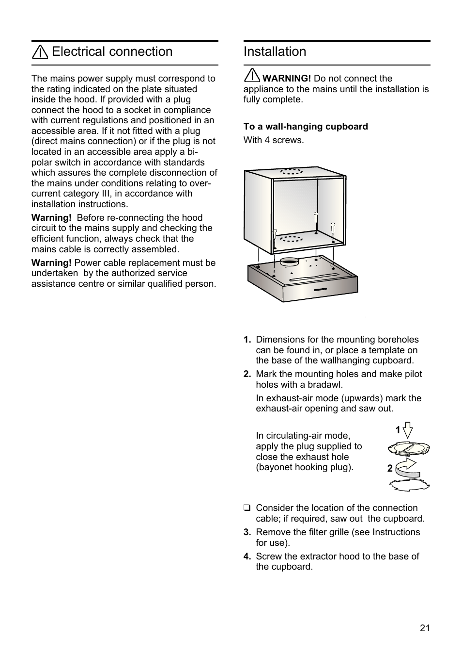 Electrical connection, Installation | Bosch DHU665E Edelstahl Unterbauhaube 60 cm User Manual | Page 21 / 114