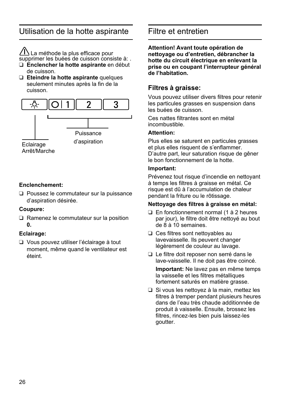 Filtre et entretien, Utilisation de la hotte aspirante | Bosch DHU665E Edelstahl Unterbauhaube 60 cm User Manual | Page 26 / 114