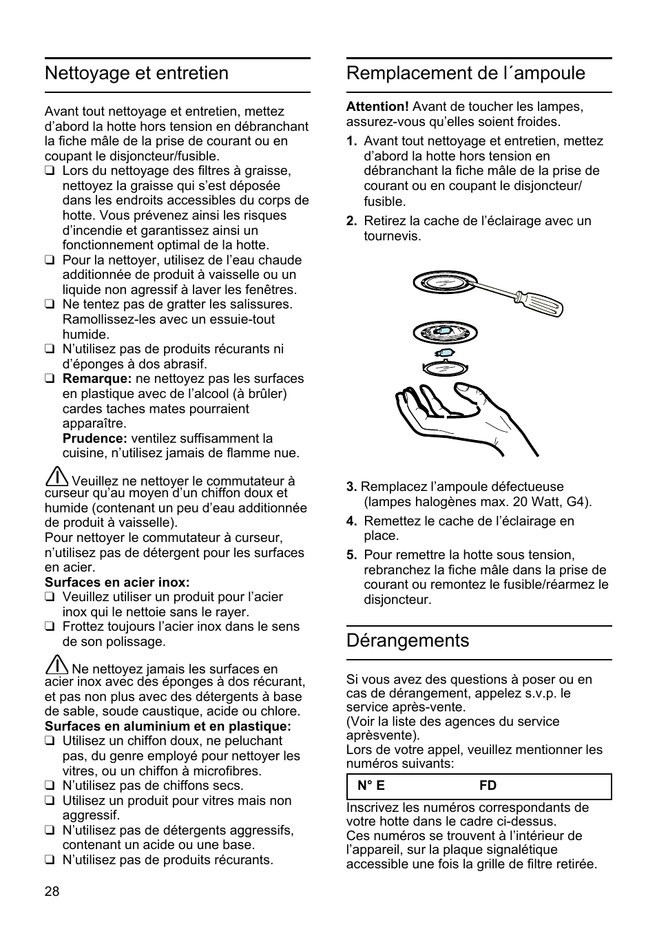 Remplacement de l´ampoule, Nettoyage et entretien, Dérangements | Bosch DHU665E Edelstahl Unterbauhaube 60 cm User Manual | Page 28 / 114