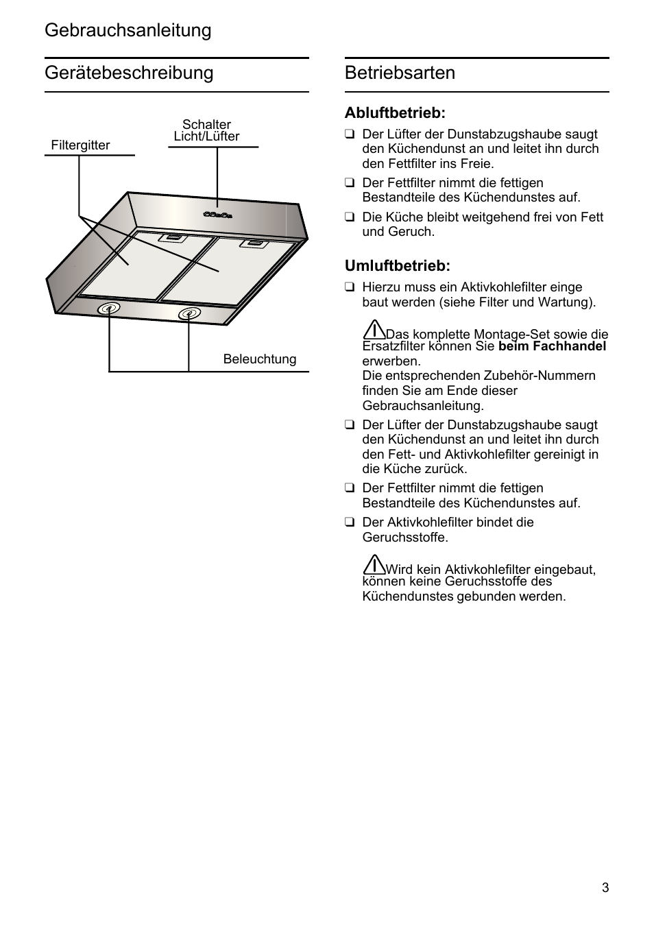 Gebrauchsanleitung betriebsarten, Gerätebeschreibung | Bosch DHU665E Edelstahl Unterbauhaube 60 cm User Manual | Page 3 / 114