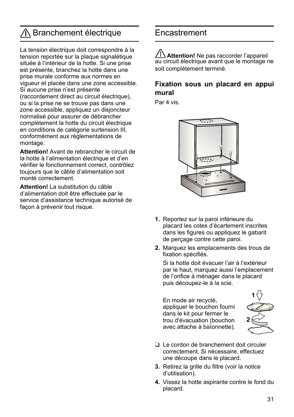 Branchement électrique, Encastrement | Bosch DHU665E Edelstahl Unterbauhaube 60 cm User Manual | Page 31 / 114