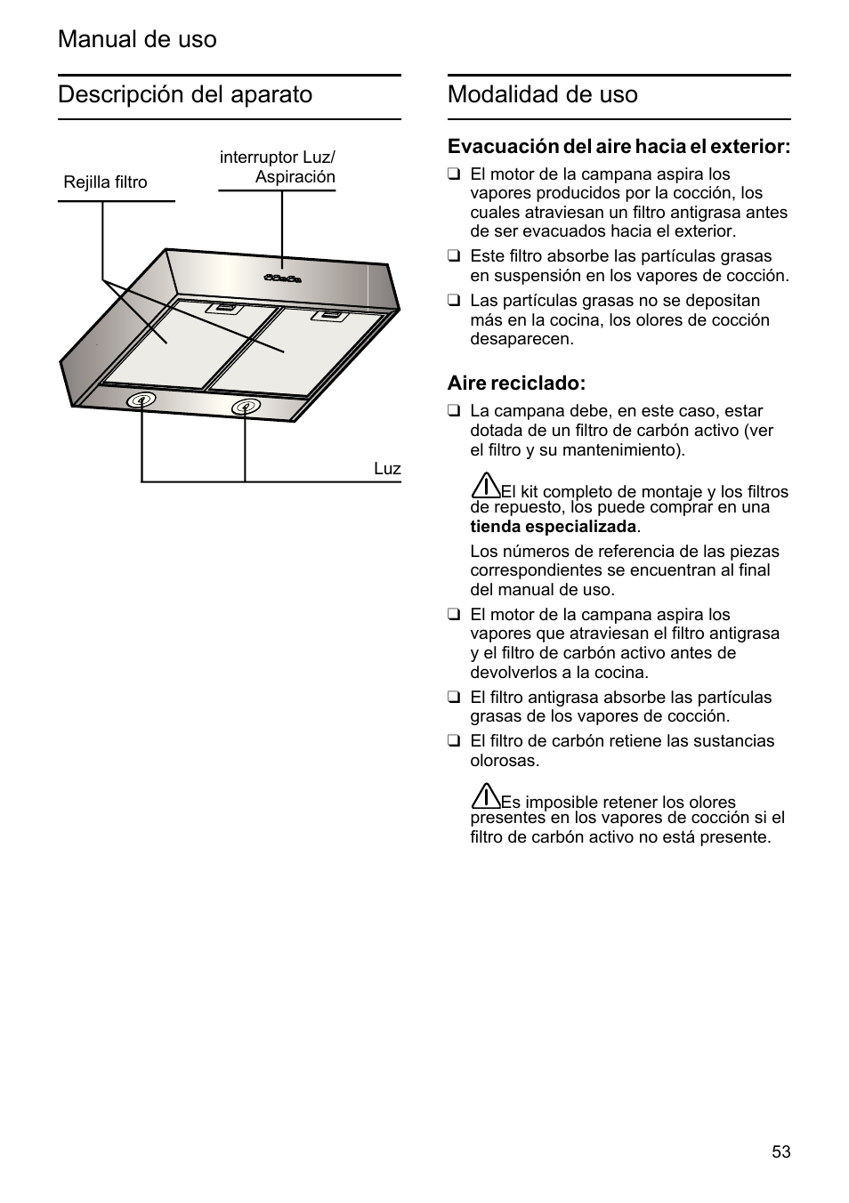 Manual de uso modalidad de uso, Descripción del aparato | Bosch DHU665E Edelstahl Unterbauhaube 60 cm User Manual | Page 53 / 114