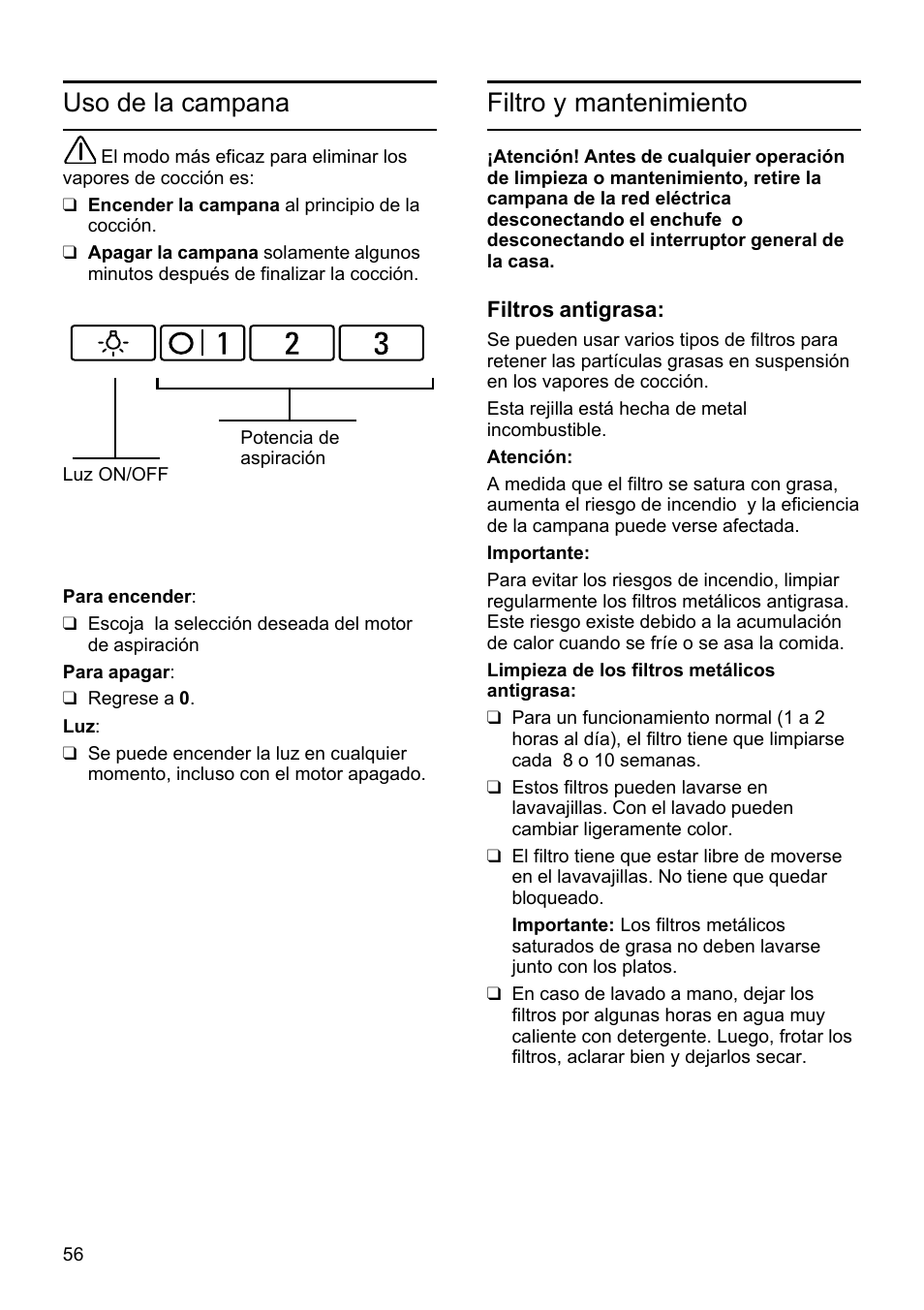 Uso de la campana, Filtro y mantenimiento | Bosch DHU665E Edelstahl Unterbauhaube 60 cm User Manual | Page 56 / 114