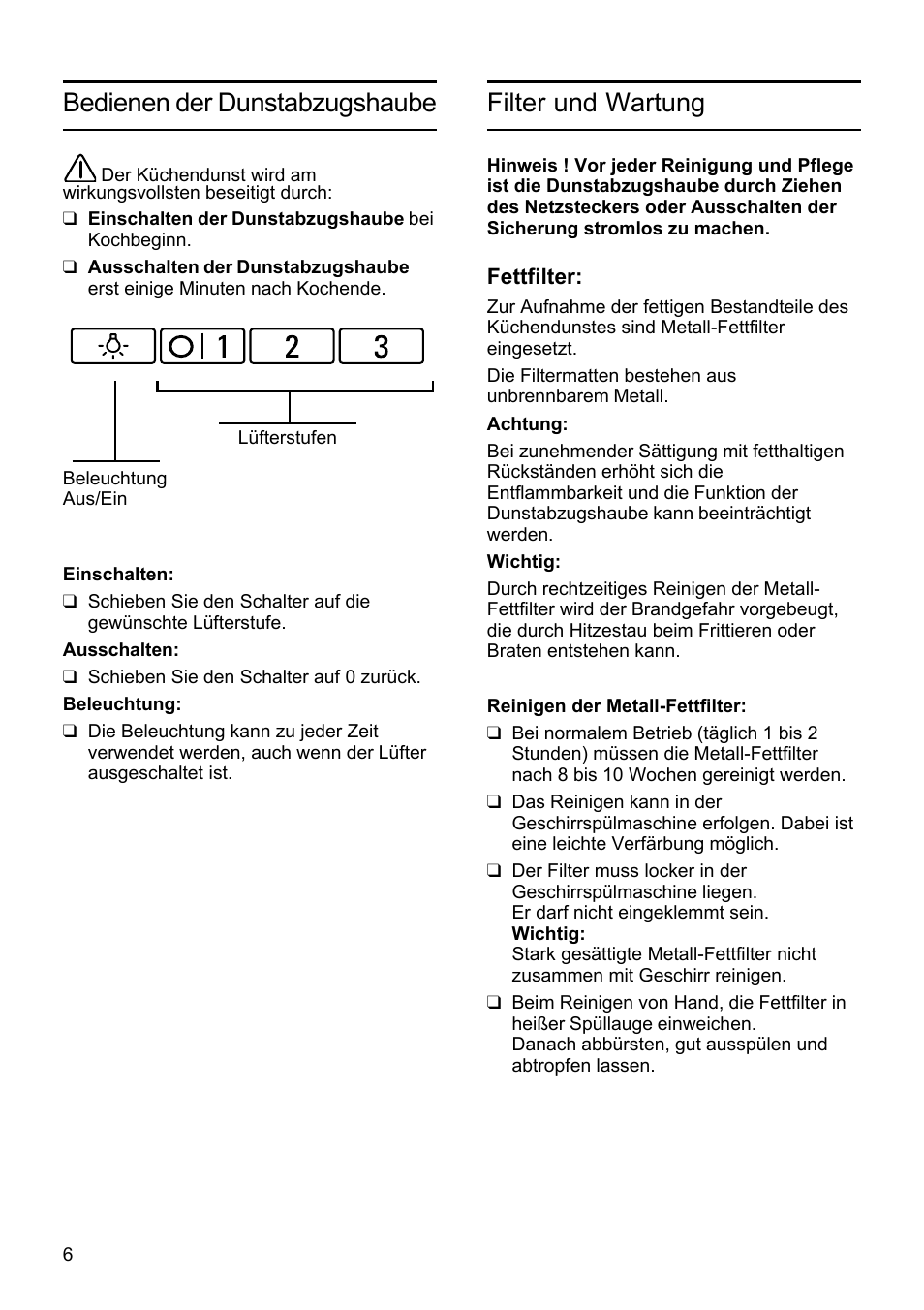 Bedienen der dunstabzugshaube, Filter und wartung | Bosch DHU665E Edelstahl Unterbauhaube 60 cm User Manual | Page 6 / 114