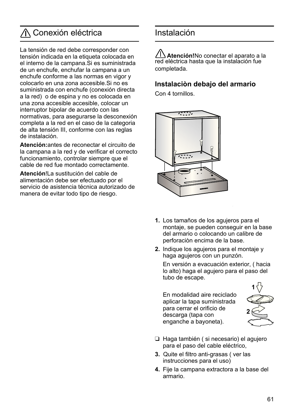 Conexión eléctrica, Instalación | Bosch DHU665E Edelstahl Unterbauhaube 60 cm User Manual | Page 61 / 114