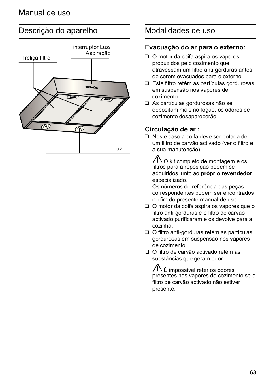 Manual de uso modalidades de uso, Descrição do aparelho | Bosch DHU665E Edelstahl Unterbauhaube 60 cm User Manual | Page 63 / 114