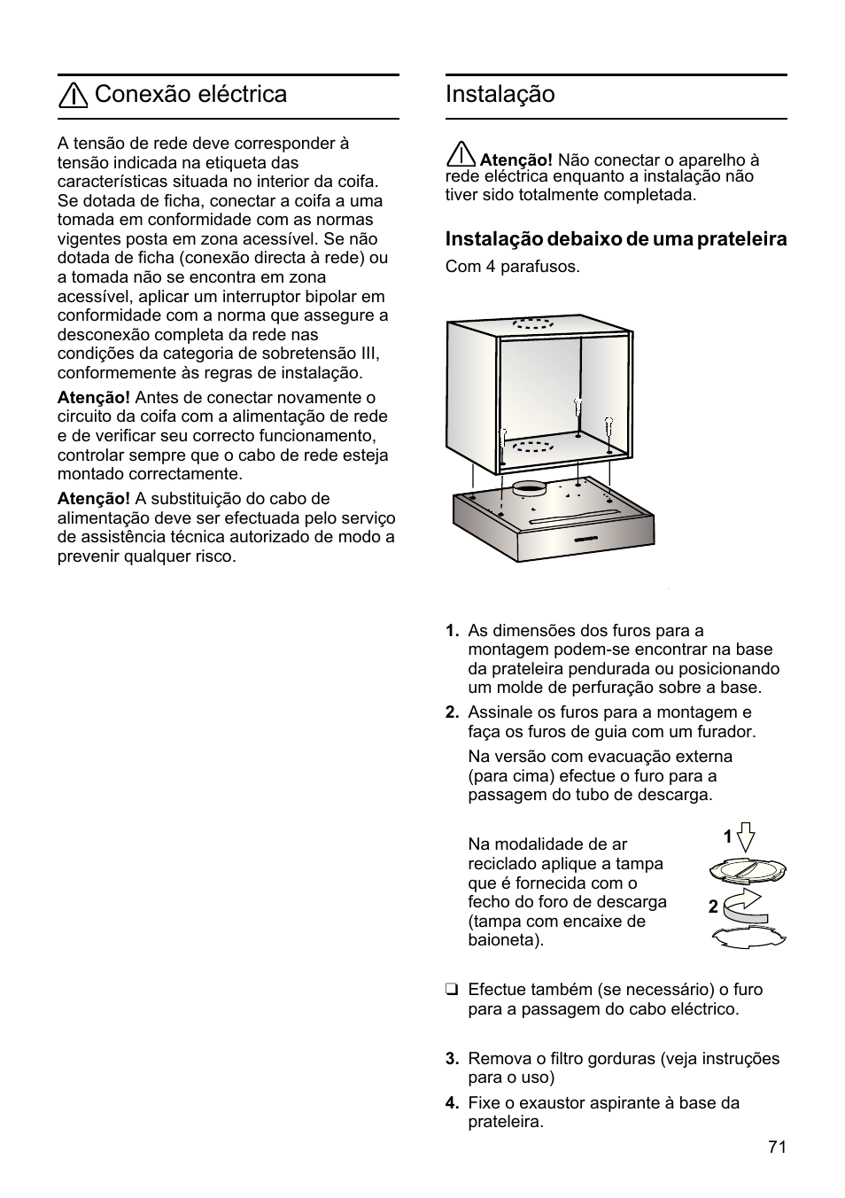 Conexão eléctrica, Instalação | Bosch DHU665E Edelstahl Unterbauhaube 60 cm User Manual | Page 71 / 114