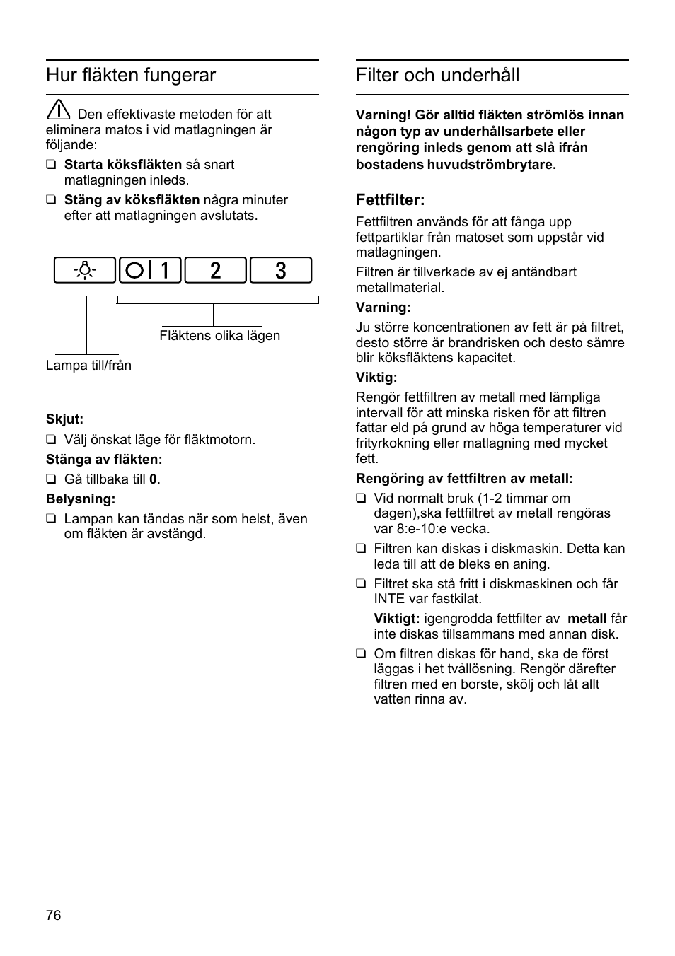 Filter och underhåll, Hur fläkten fungerar | Bosch DHU665E Edelstahl Unterbauhaube 60 cm User Manual | Page 76 / 114