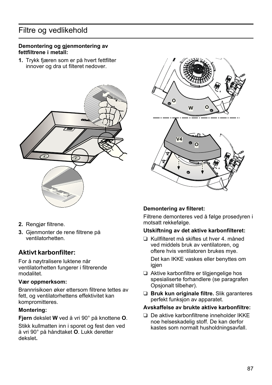 Filtre og vedlikehold | Bosch DHU665E Edelstahl Unterbauhaube 60 cm User Manual | Page 87 / 114