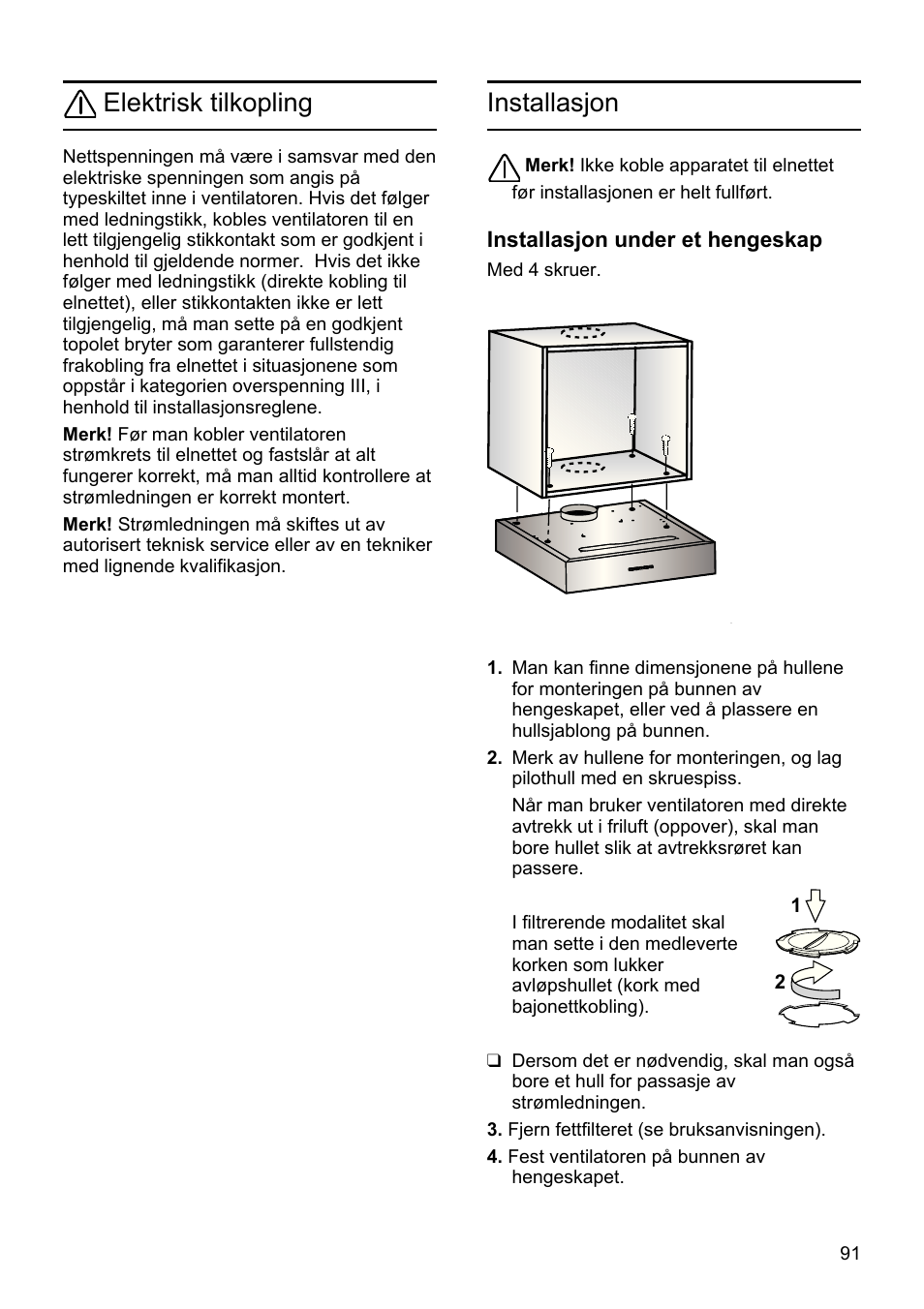 Elektrisk tilkopling, Installasjon | Bosch DHU665E Edelstahl Unterbauhaube 60 cm User Manual | Page 91 / 114