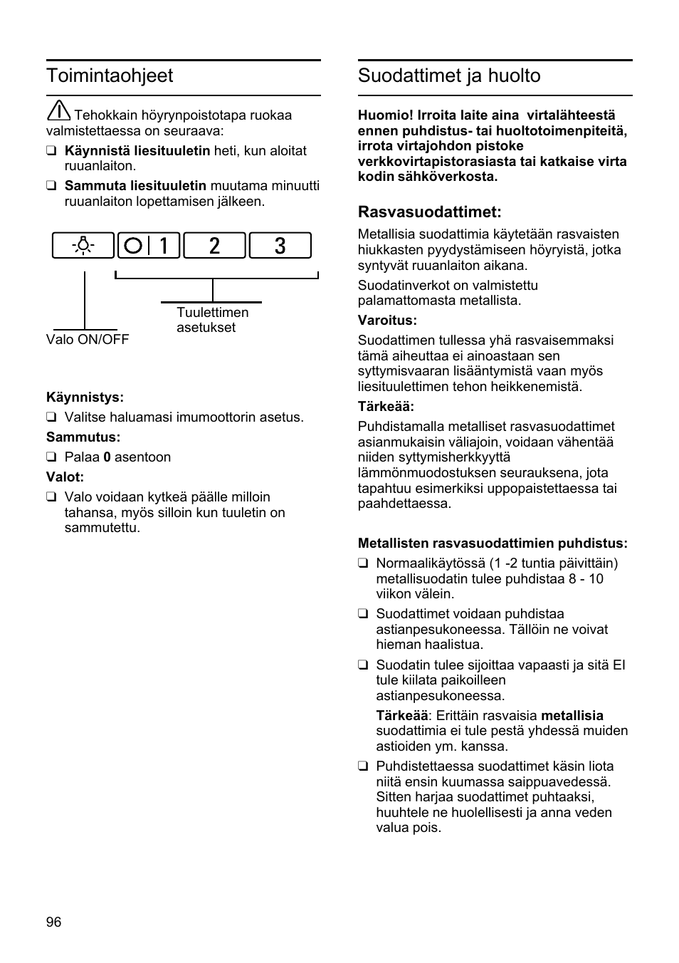 Toimintaohjeet, Suodattimet ja huolto | Bosch DHU665E Edelstahl Unterbauhaube 60 cm User Manual | Page 96 / 114