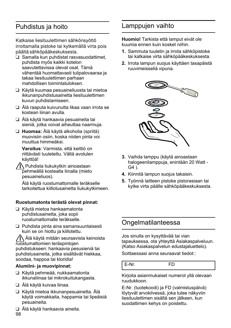 Lamppujen vaihto, Puhdistus ja hoito, Ongelmatilanteessa | Bosch DHU665E Edelstahl Unterbauhaube 60 cm User Manual | Page 98 / 114