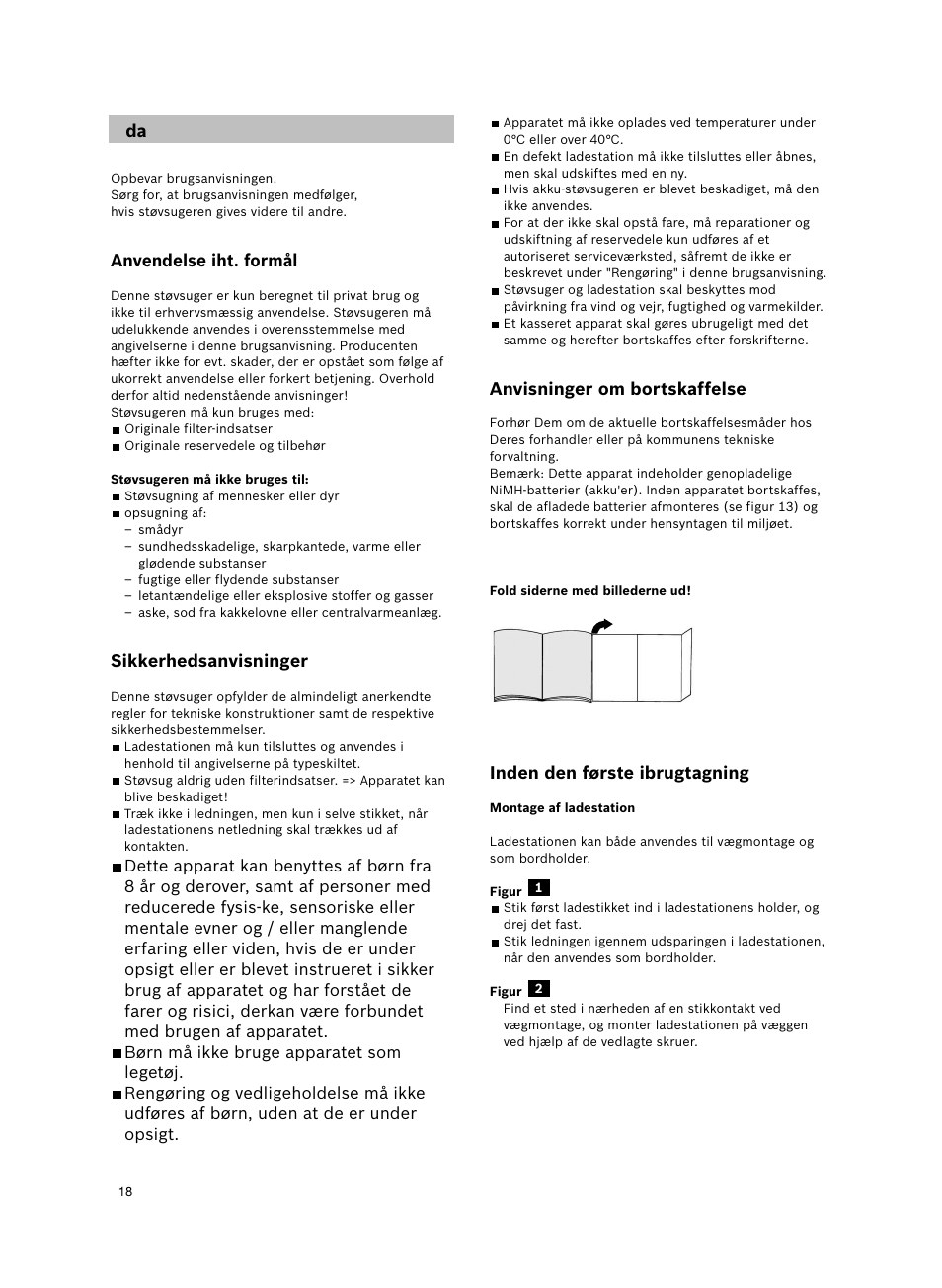 Anvendelse iht. formål, Sikkerhedsanvisninger, Anvisninger om bortskaffelse | Inden den første ibrugtagning | Bosch 6V Dry Akkusauger mit Tisch-Wandhalter BKS4003 deep berry - metallic User Manual | Page 20 / 82