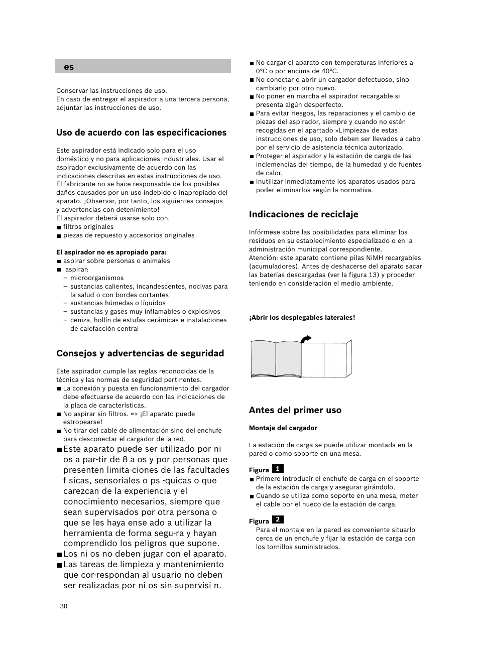 Uso de acuerdo con las especificaciones, Consejos y advertencias de seguridad, Indicaciones de reciclaje | Antes del primer uso | Bosch 6V Dry Akkusauger mit Tisch-Wandhalter BKS4003 deep berry - metallic User Manual | Page 32 / 82