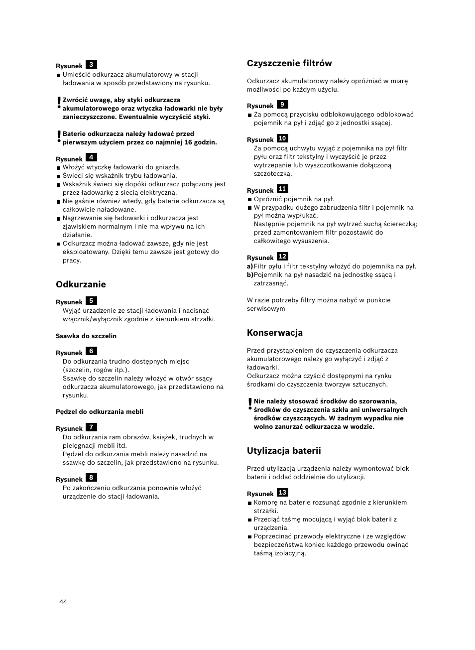 Odkurzanie, Czyszczenie filtrów, Konserwacja | Utylizacja baterii | Bosch 6V Dry Akkusauger mit Tisch-Wandhalter BKS4003 deep berry - metallic User Manual | Page 46 / 82