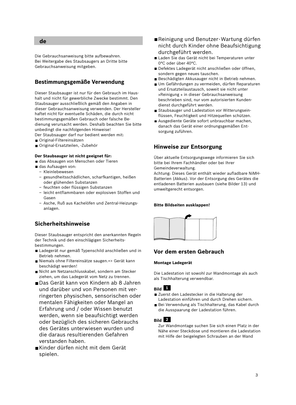 Bestimmungsgemäße verwendung, Sicherheitshinweise, Hinweise zur entsorgung | Vor dem ersten gebrauch | Bosch 6V Dry Akkusauger mit Tisch-Wandhalter BKS4003 deep berry - metallic User Manual | Page 5 / 82
