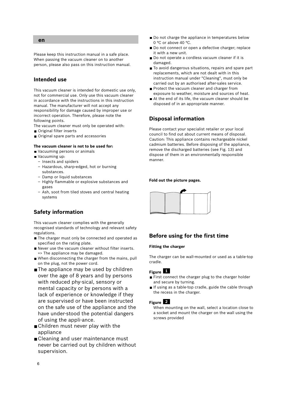 Intended use, Safety information, Disposal information | Before using for the first time | Bosch 6V Dry Akkusauger mit Tisch-Wandhalter BKS4003 deep berry - metallic User Manual | Page 8 / 82