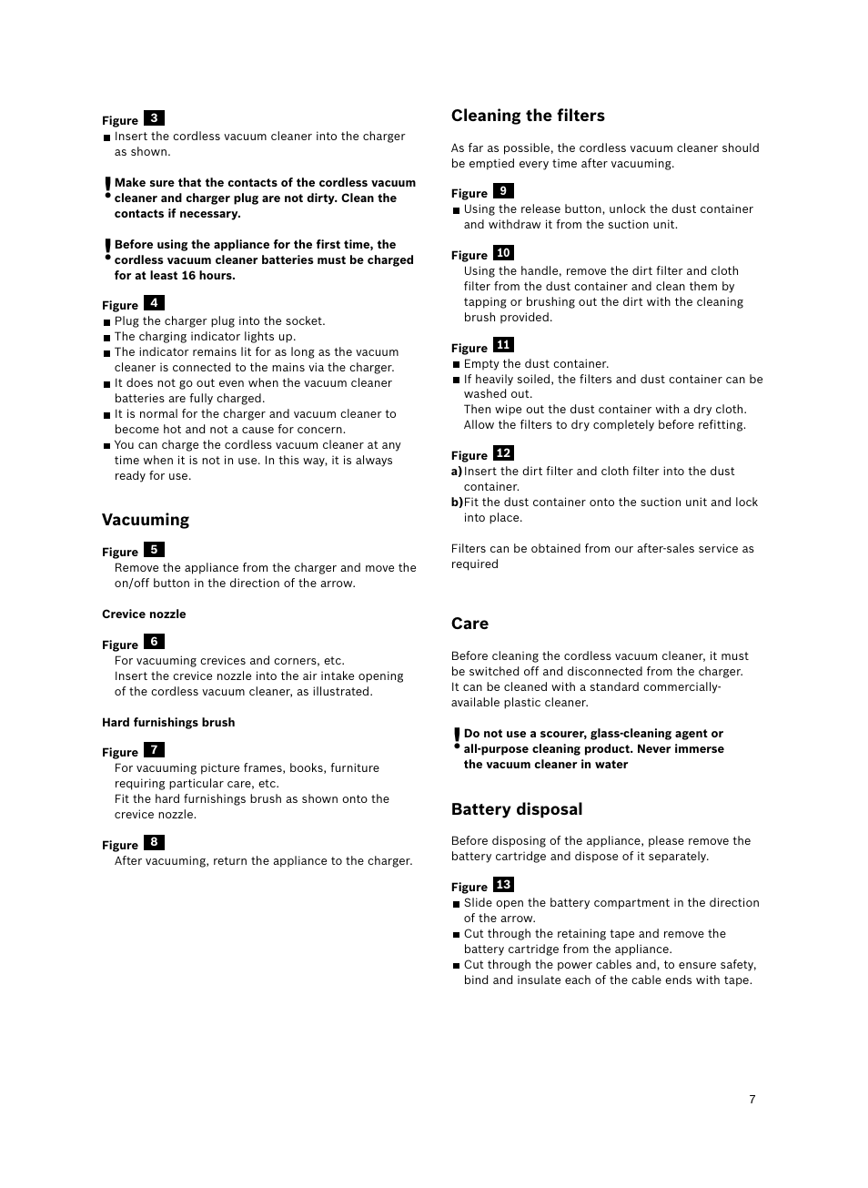 Vacuuming, Cleaning the filters, Care | Battery disposal | Bosch 6V Dry Akkusauger mit Tisch-Wandhalter BKS4003 deep berry - metallic User Manual | Page 9 / 82