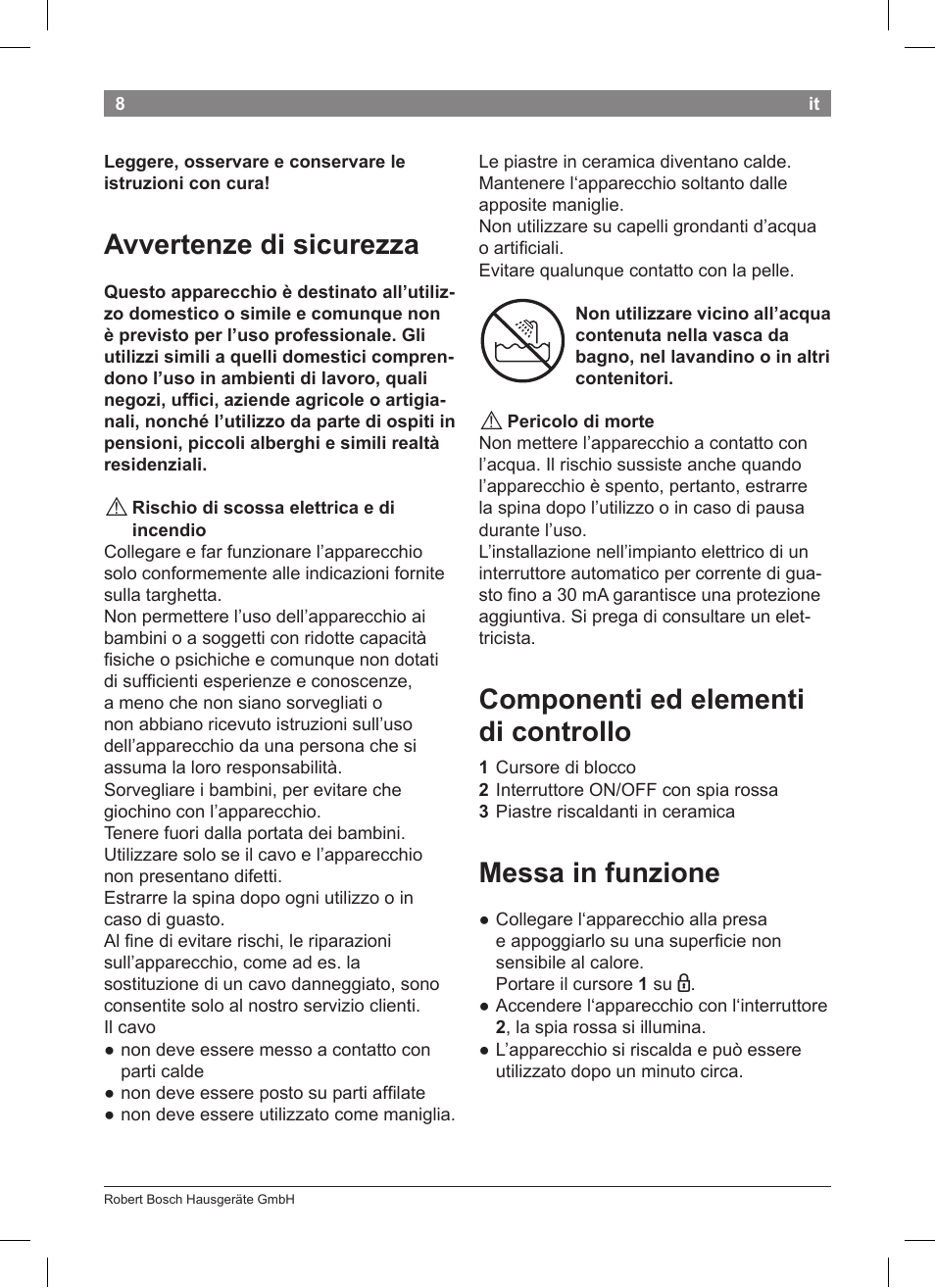 Avvertenze di sicurezza, Componenti ed elementi di controllo, Messa in funzione | Bosch PHS2004 Haarglätter Purple Passion User Manual | Page 10 / 50