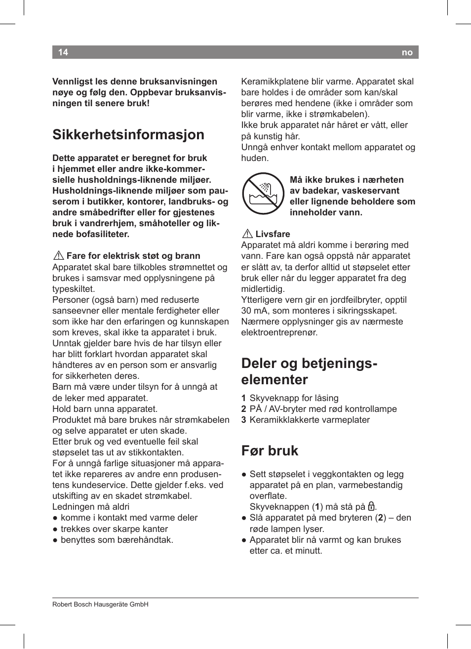 Sikkerhetsinformasjon, Deler og betjenings- elementer, Før bruk | Bosch PHS2004 Haarglätter Purple Passion User Manual | Page 16 / 50