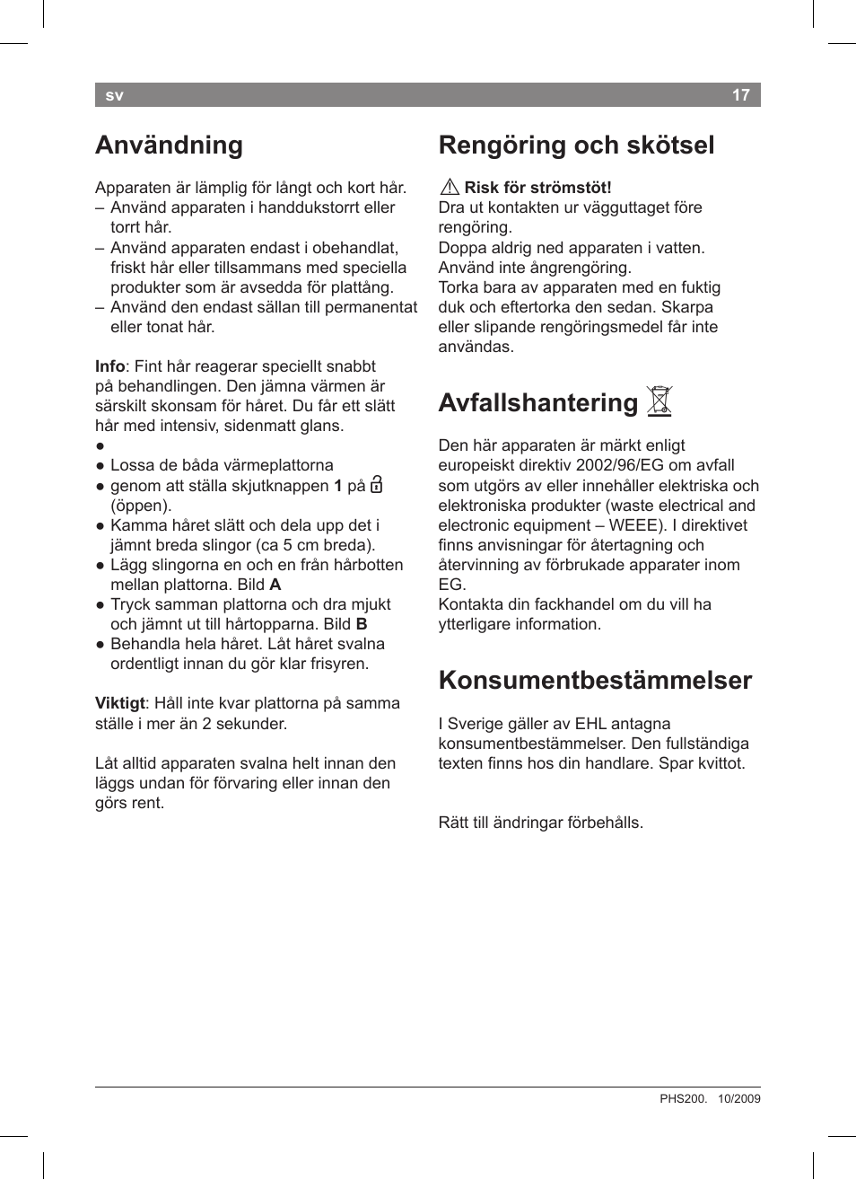 Användning, Rengöring och skötsel, Avfallshantering | Konsumentbestämmelser | Bosch PHS2004 Haarglätter Purple Passion User Manual | Page 19 / 50