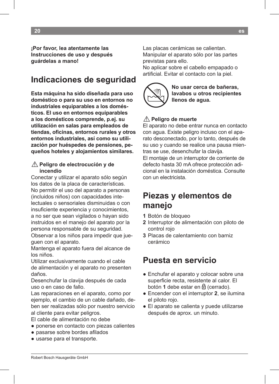 Indicaciones de seguridad, Piezas y elementos de manejo, Puesta en servicio | Bosch PHS2004 Haarglätter Purple Passion User Manual | Page 22 / 50