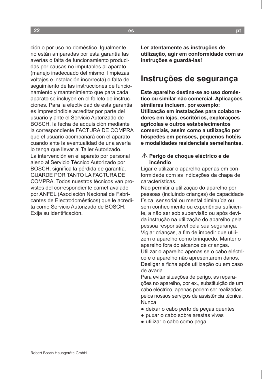 Instruções de segurança | Bosch PHS2004 Haarglätter Purple Passion User Manual | Page 24 / 50