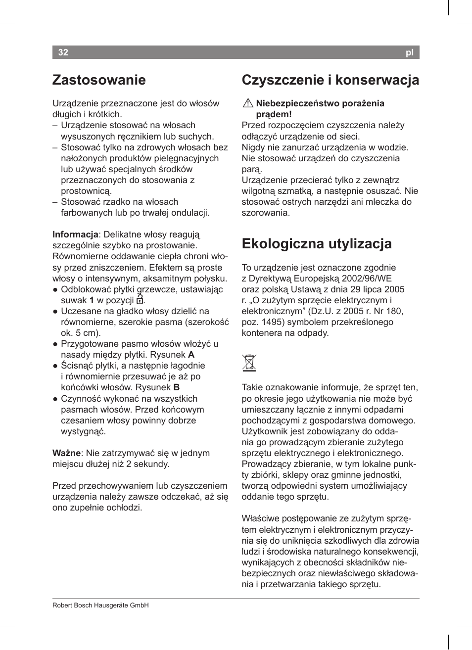 Zastosowanie, Czyszczenie i konserwacja, Ekologiczna utylizacja | Bosch PHS2004 Haarglätter Purple Passion User Manual | Page 34 / 50