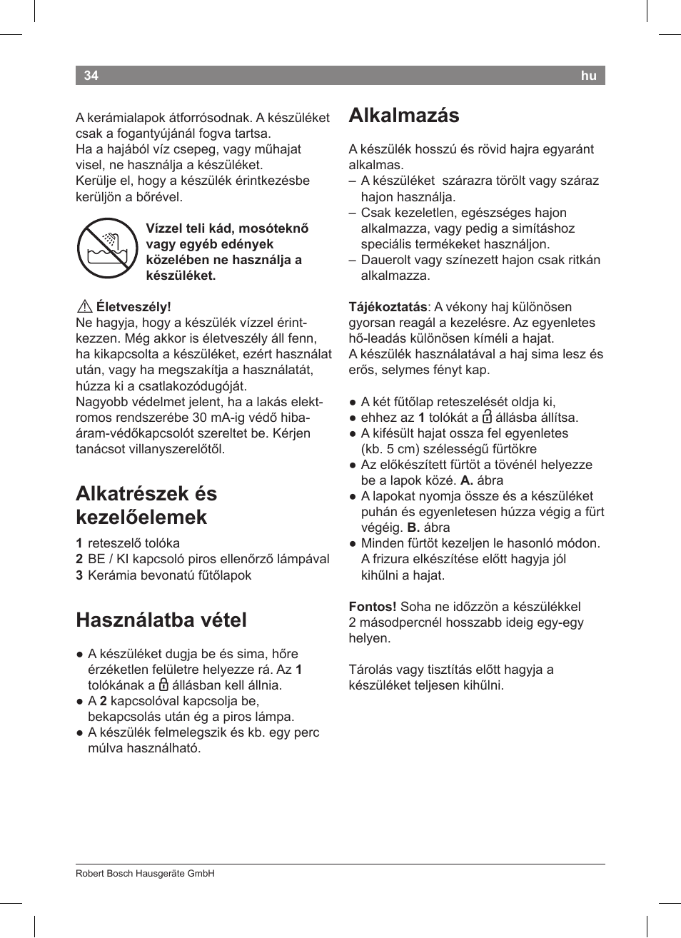 Alkatrészek és kezelőelemek, Használatba vétel, Alkalmazás | Bosch PHS2004 Haarglätter Purple Passion User Manual | Page 36 / 50