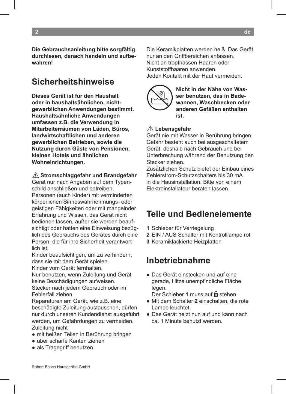 Sicherheitshinweise, Teile und bedienelemente, Inbetriebnahme | Bosch PHS2004 Haarglätter Purple Passion User Manual | Page 4 / 50