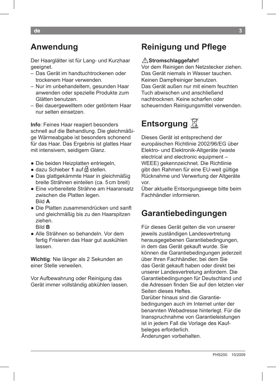 Anwendung, Reinigung und pflege, Entsorgung | Garantiebedingungen | Bosch PHS2004 Haarglätter Purple Passion User Manual | Page 5 / 50