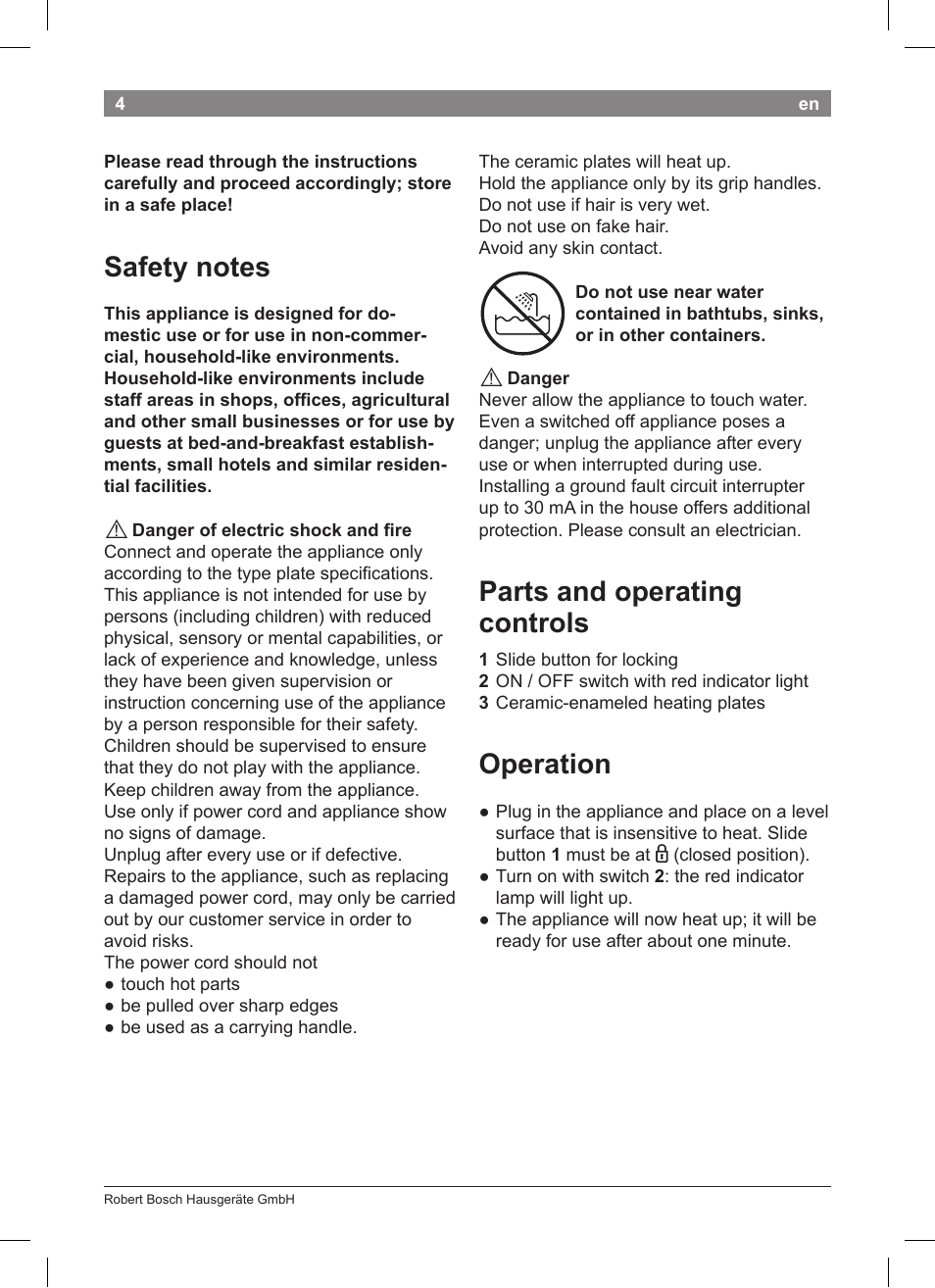 Parts and operating controls, Operation | Bosch PHS2004 Haarglätter Purple Passion User Manual | Page 6 / 50