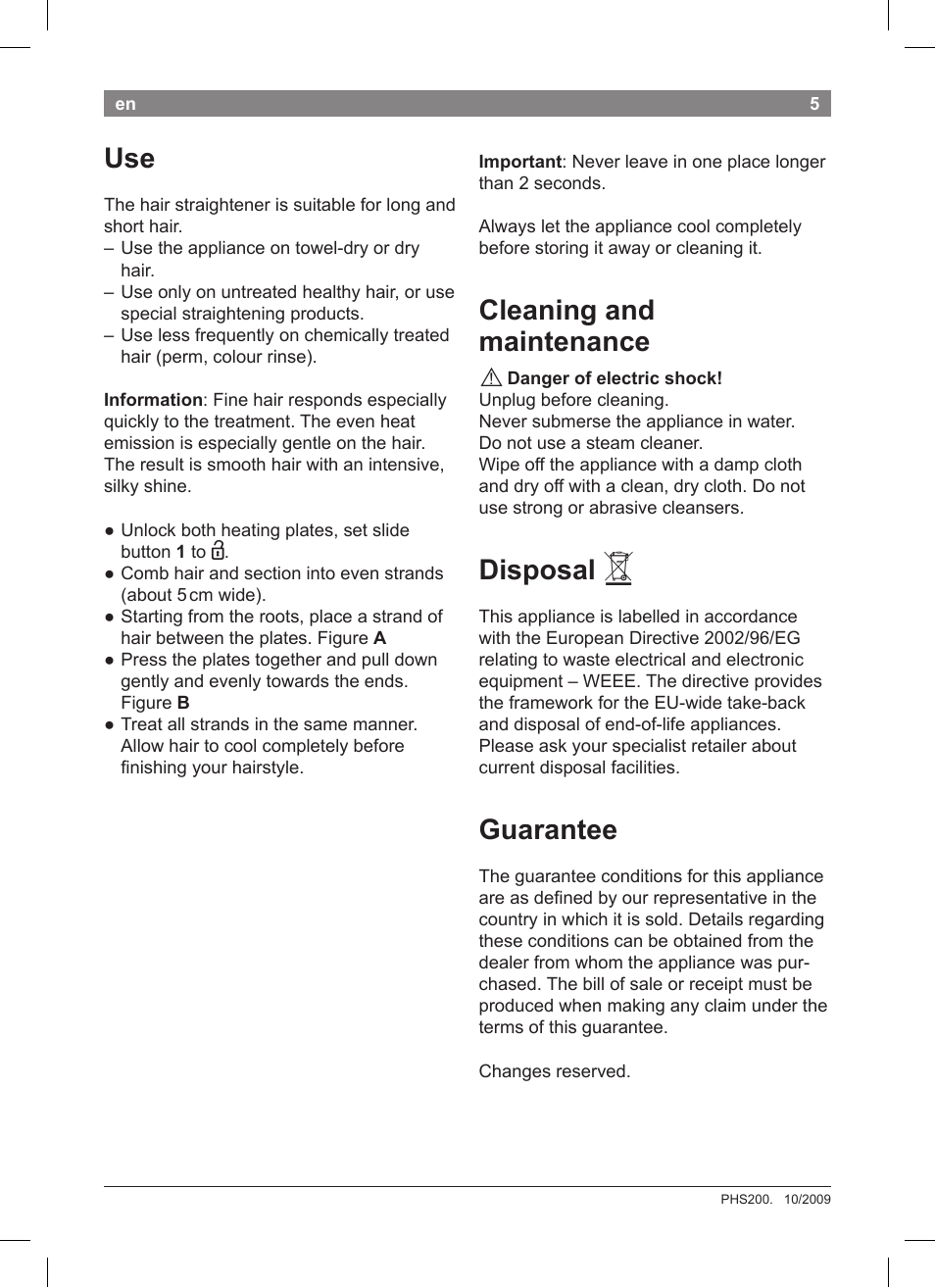 Cleaning and maintenance, Disposal, Guarantee | Bosch PHS2004 Haarglätter Purple Passion User Manual | Page 7 / 50