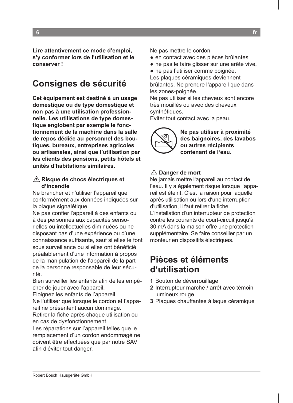 Consignes de sécurité, Pièces et éléments d‘utilisation | Bosch PHS2004 Haarglätter Purple Passion User Manual | Page 8 / 50